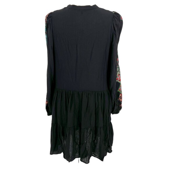 Desigual Ethnic Sleeve Embroidery Print Black Tiered Boho Dress Size Small - Picture 7 of 13
